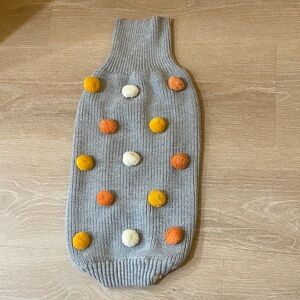 Gray Knitted Dog Sweater with Colorful Pom Poms